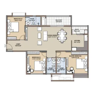 2 BHK +2T Unit Plan of Srijan Optima